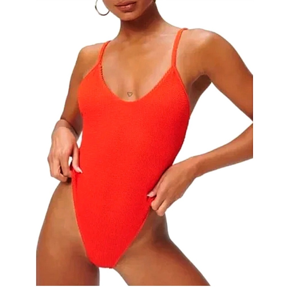 Good American NWOT Red Ribbed Scoop Neck One Piece Swimsuit Women Size 00/0 XS